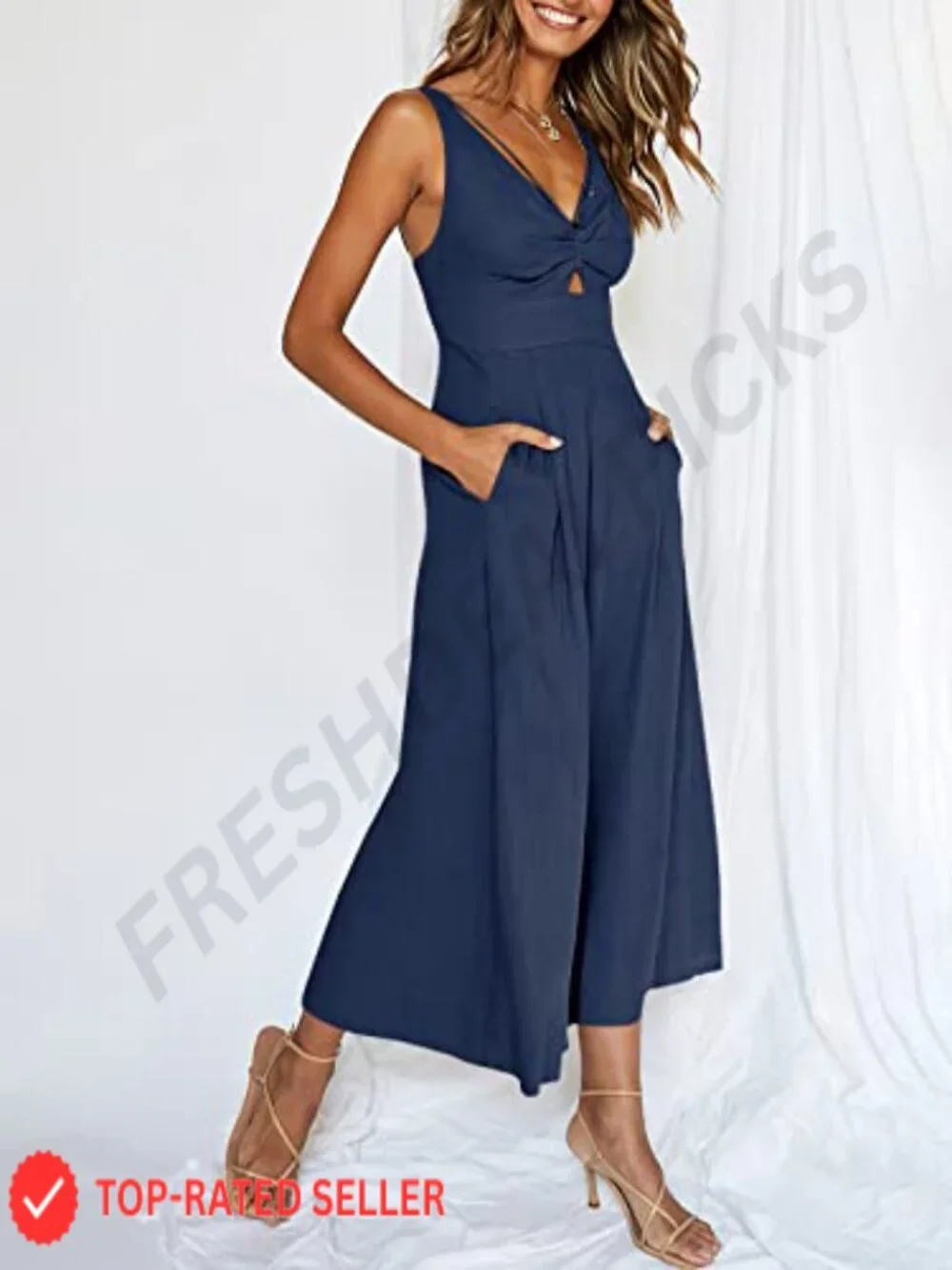 Women's Linen Blend Wide Leg Sleeveless Jumpsuit V-Neck Cutout High Waist Romper